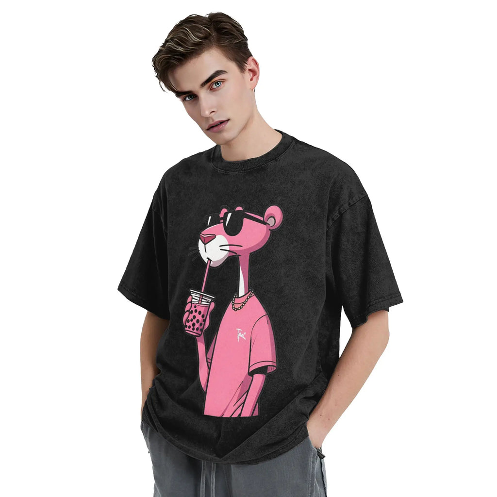 Men's T Shirt Pink-Panthers Drinking Washed T-Shirts Hippie  Beach Tee Shirt Y2K Funny Design Casual Clothing Hot Sale