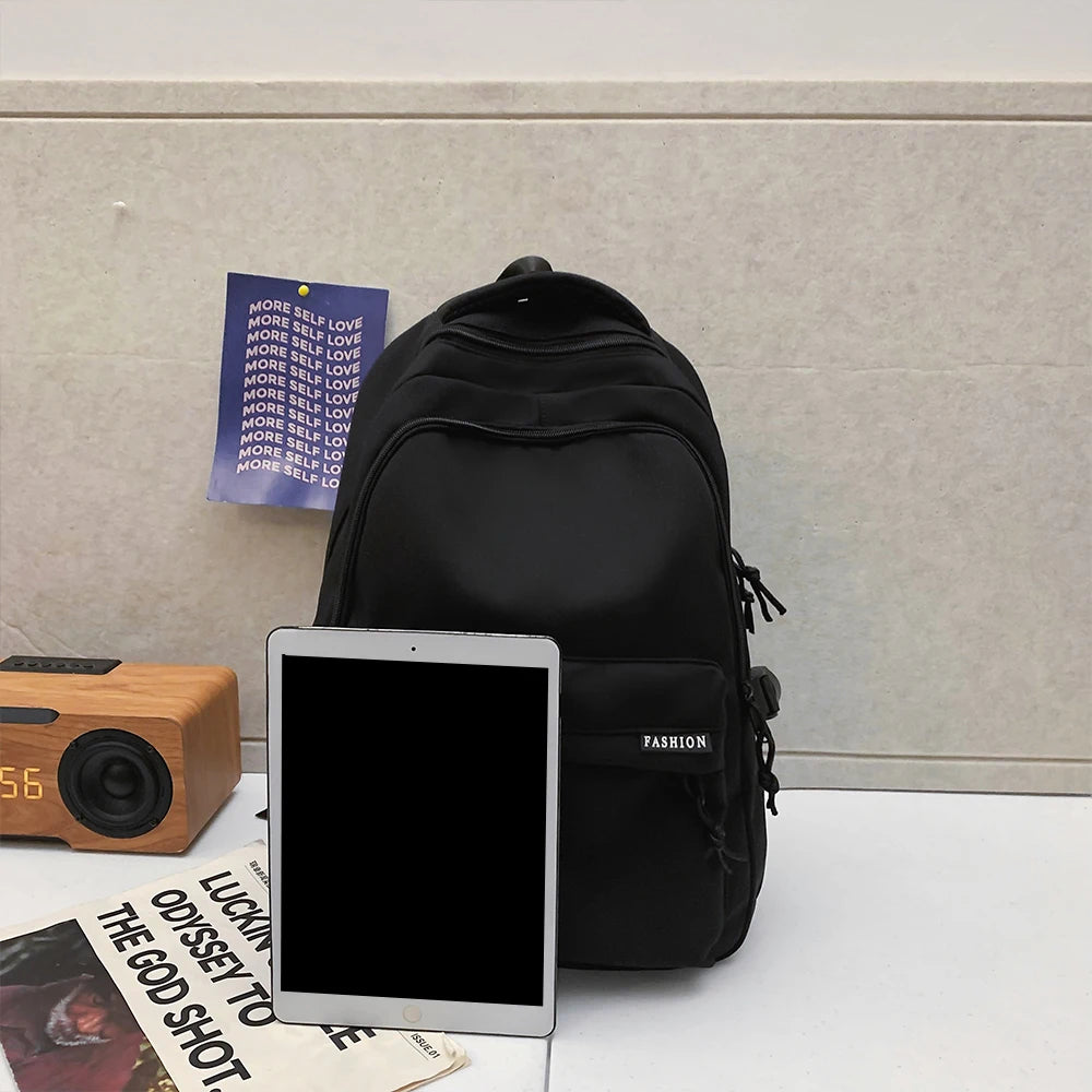 Large Capacity Solid Color Backpack for High School Students, Simple Black Travel Backpack for Middle School Students