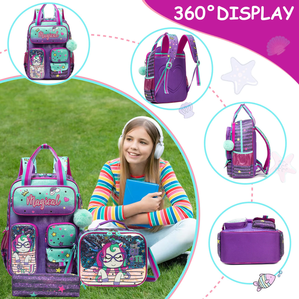 School Bags for girls Backpacks for Kids with Lunch Bag and Pencil CasesCute Backpacks for Kindergarten and Elementary School