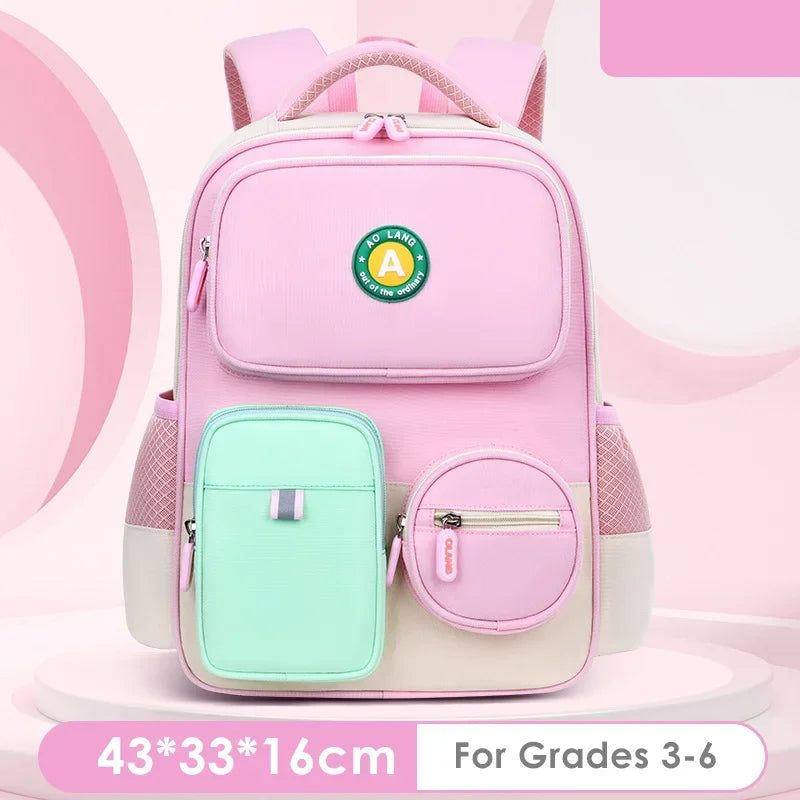 Primary School Children Backpacks for Boys Girls 1-3-6 Grade Lightweight Spine Protection School Bags Pink Green Large BookBag